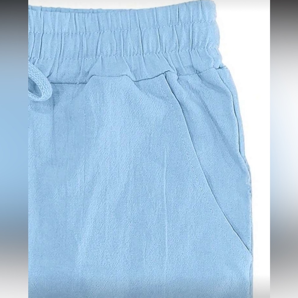 Light Blue Drawstring Linen-Blend Pants for men - Picture 3 of 5
